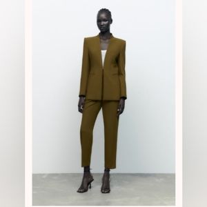 Zara Lapelless Fitted Blazer in Olive Green